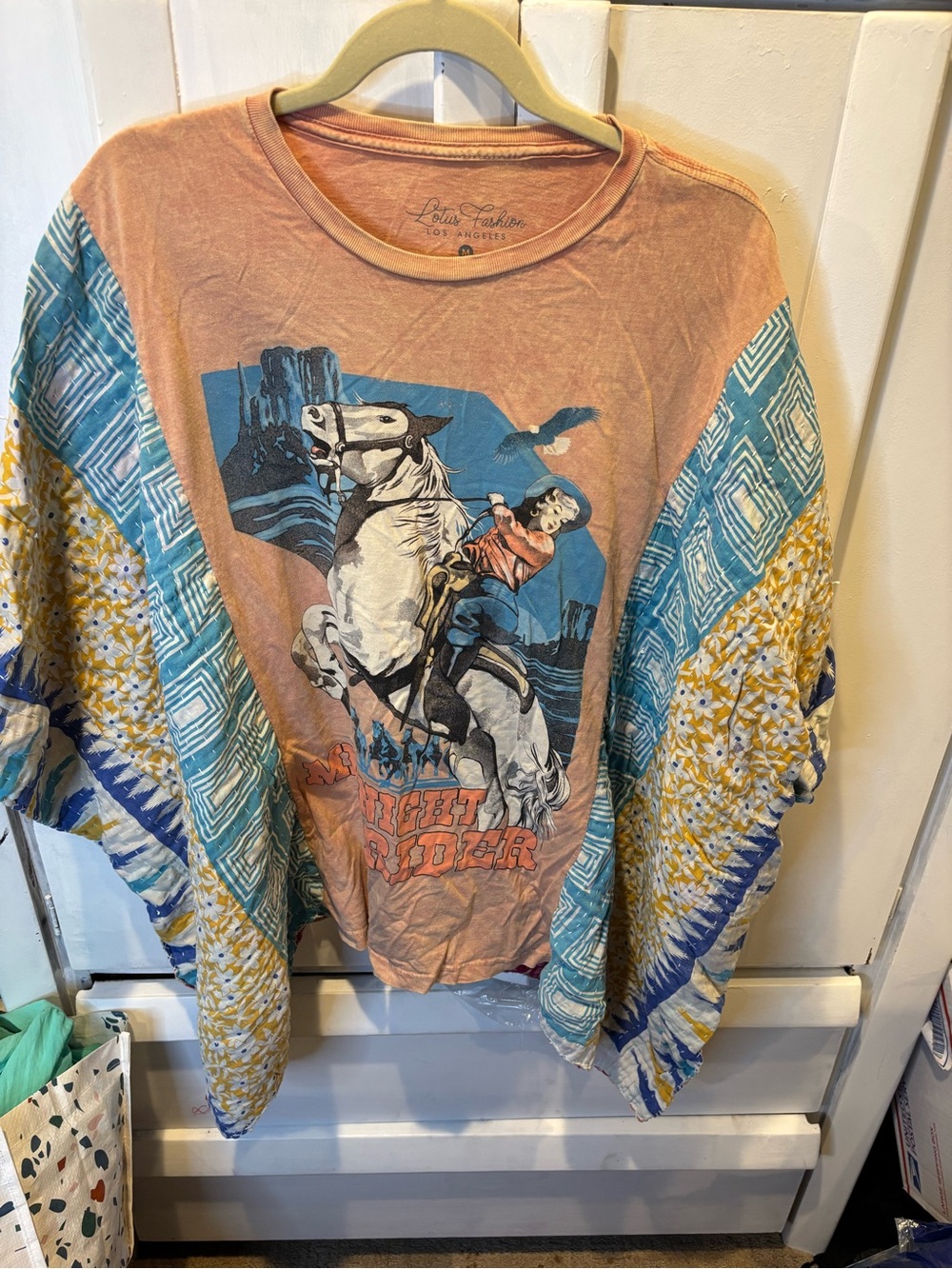 Peach Rodeo Graphic Tee with Blue and Yellow Kimono Sleeves